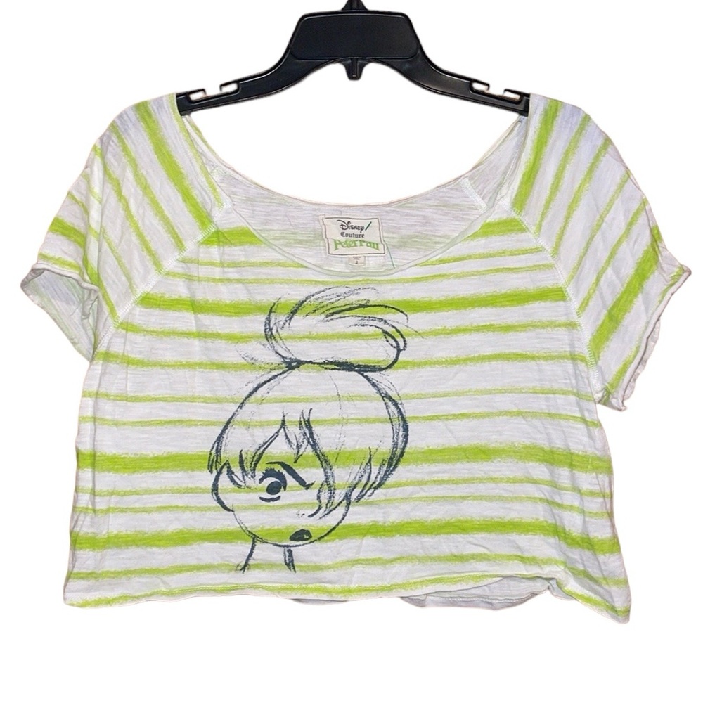 •DISNEY•COUTURE PETER PAN GREEN/WHITE "THINK TINK" BOAT NECK CROP TOP SIZE LARGE